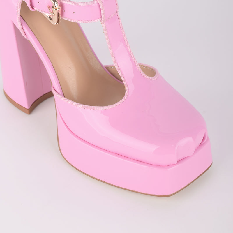 Square Toe Platform Buckle T-Strap Pumps