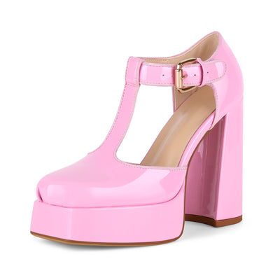 Square Toe Platform Buckle T-Strap Pumps