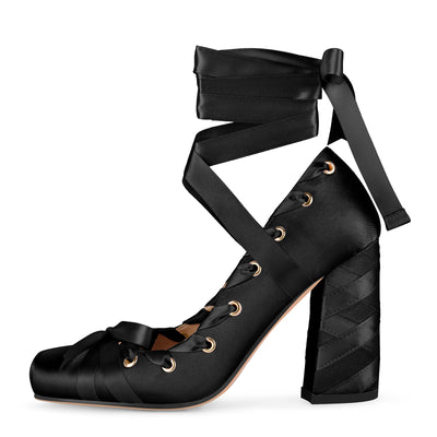 Square Toe Satin Bow Ballet Lace-up Pumps