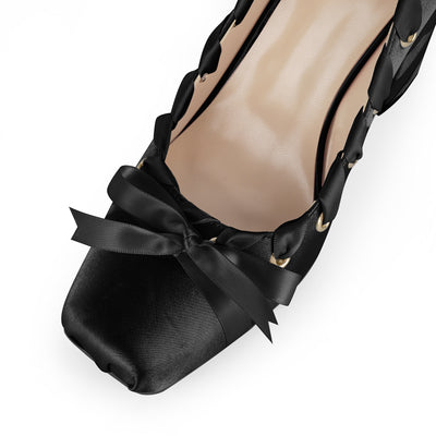 Square Toe Satin Bow Ballet Lace-up Pumps