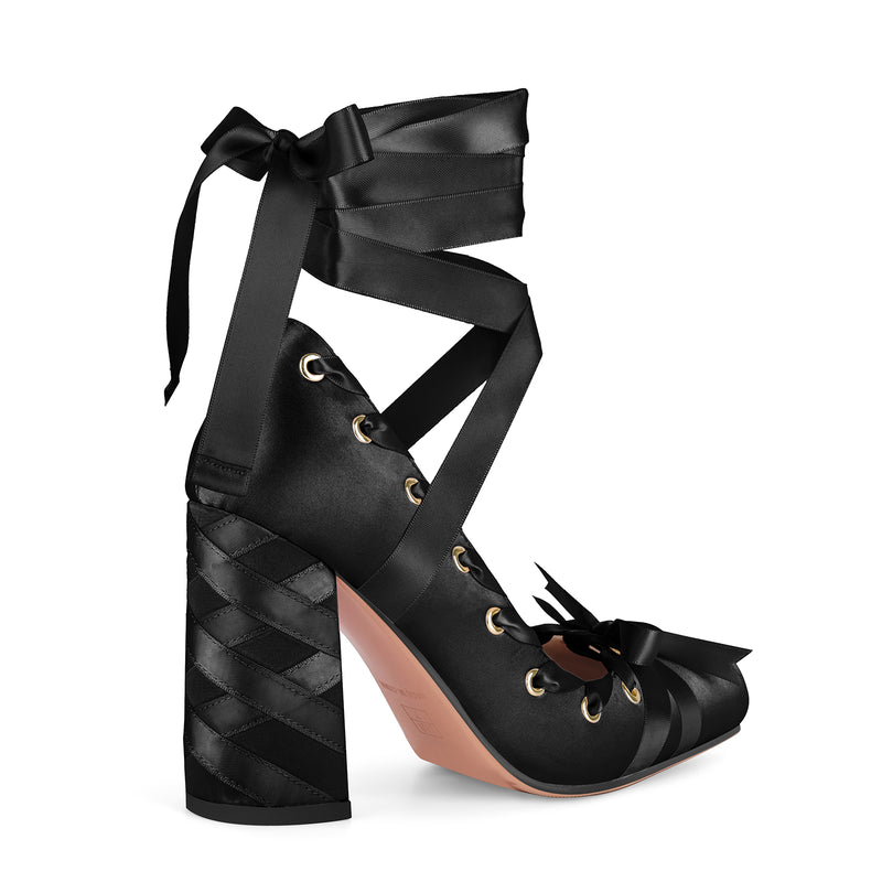 Square Toe Satin Bow Ballet Lace-up Pumps