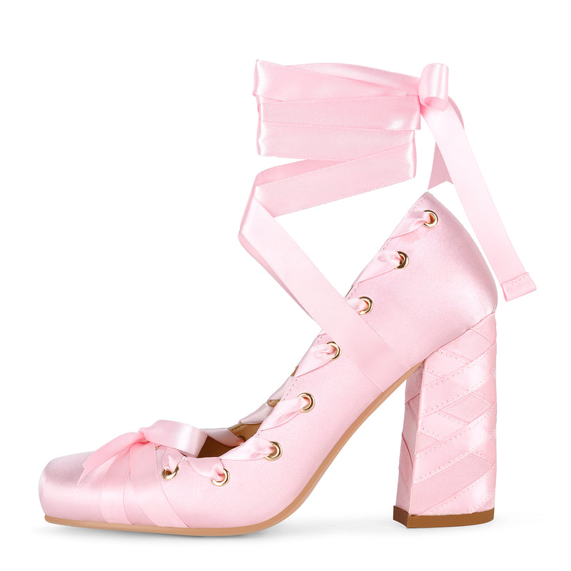 Square Toe Satin Bow Ballet Lace-up Pumps