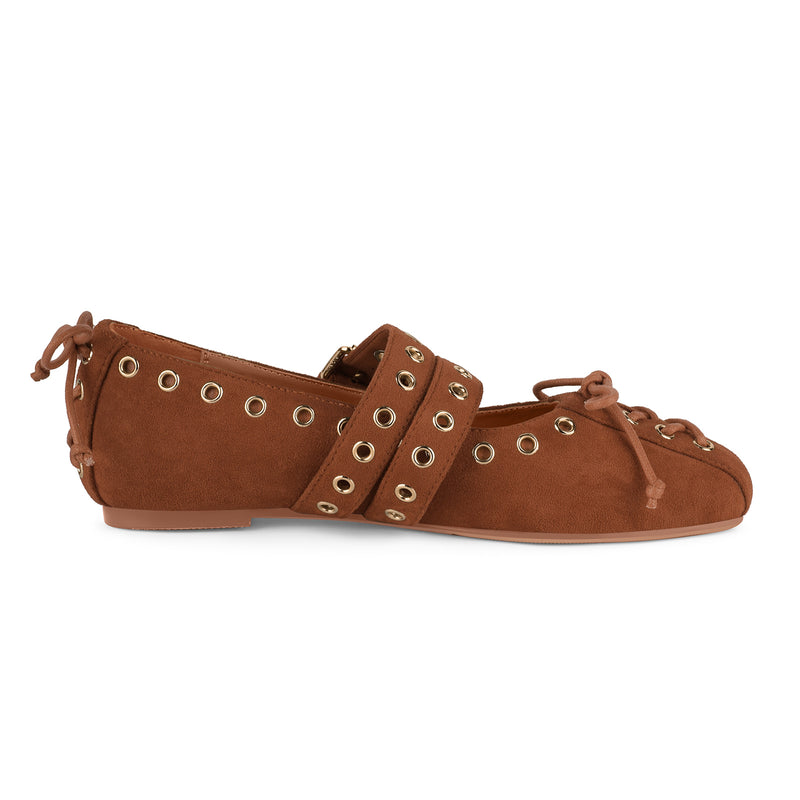 Suede Grommet Buckle Strap Lace-up Flats