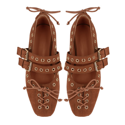 Suede Grommet Buckle Strap Lace-up Flats