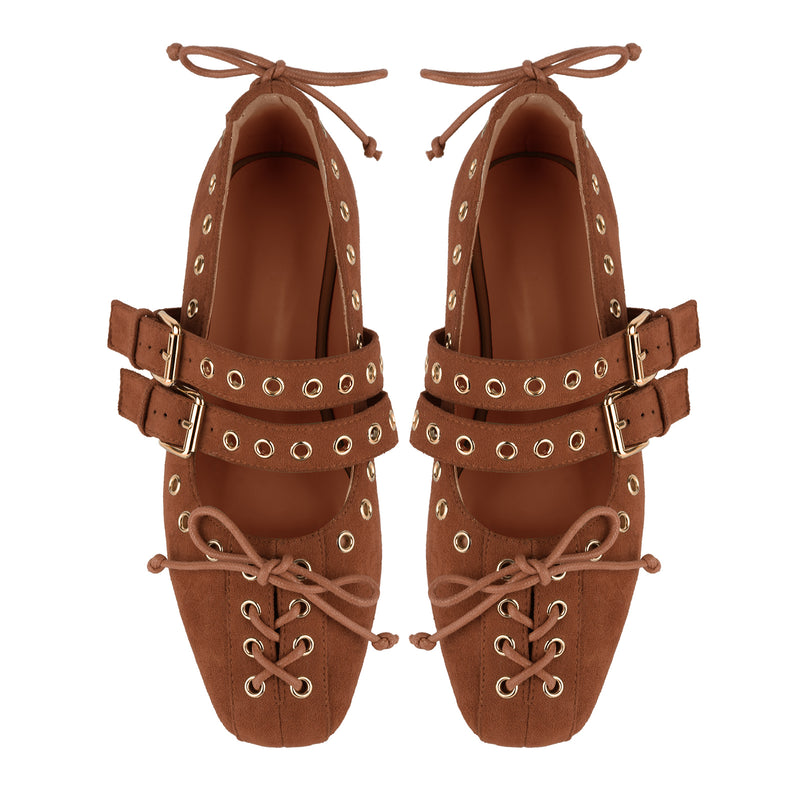 Suede Grommet Buckle Strap Lace-up Flats