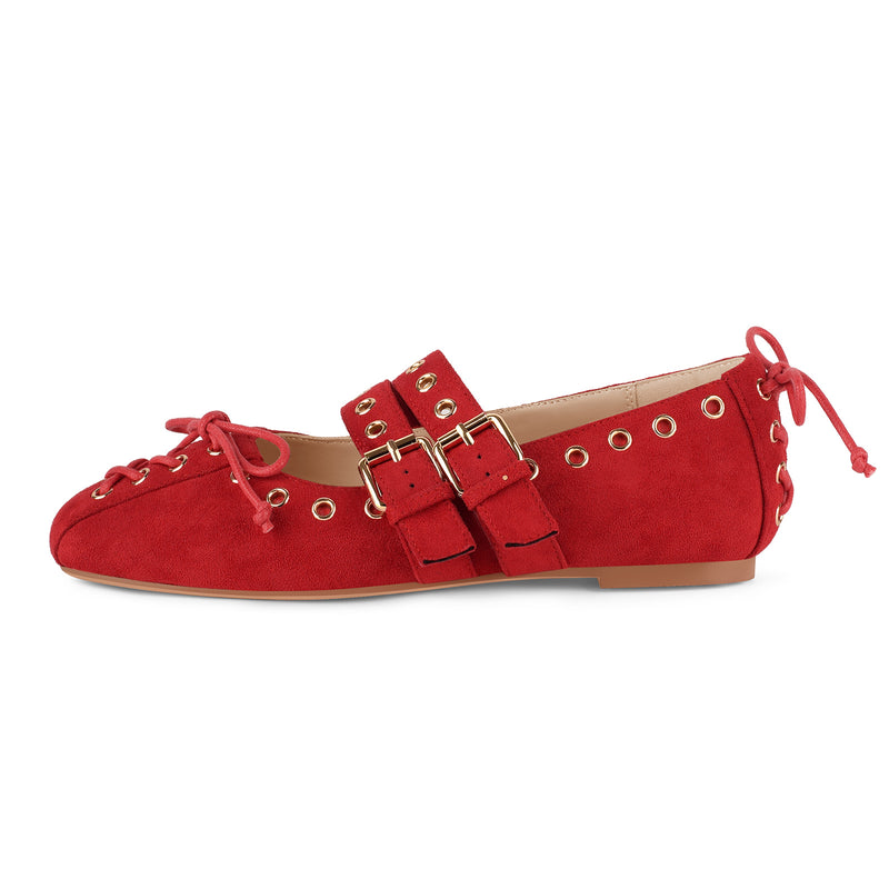 Suede Grommet Buckle Strap Lace-up Flats