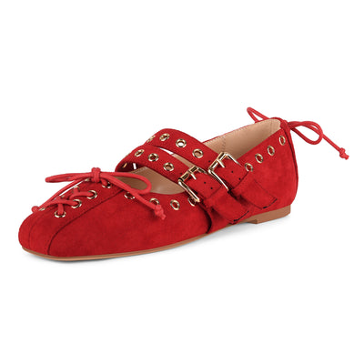 Suede Grommet Buckle Strap Lace-up Flats