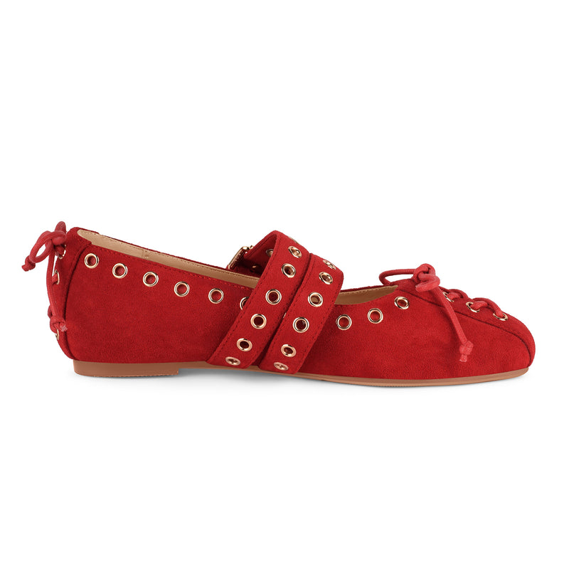 Suede Grommet Buckle Strap Lace-up Flats
