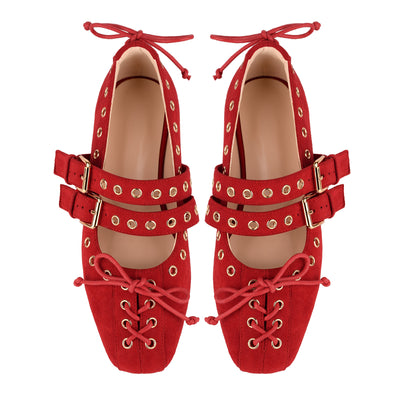 Suede Grommet Buckle Strap Lace-up Flats