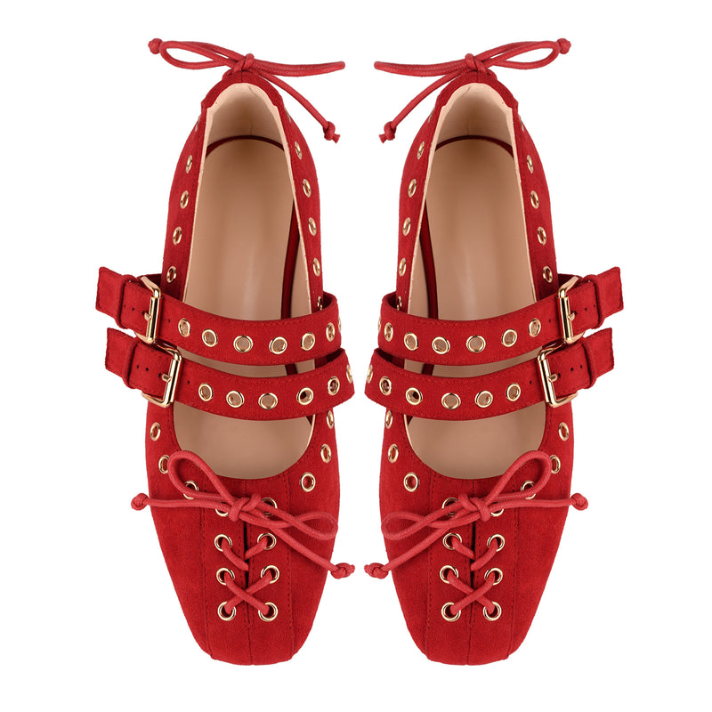 Suede Grommet Buckle Strap Lace-up Flats