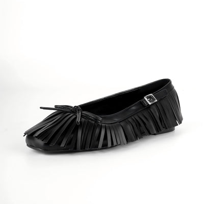 Square Toe Bow Fringe Ballet Flats