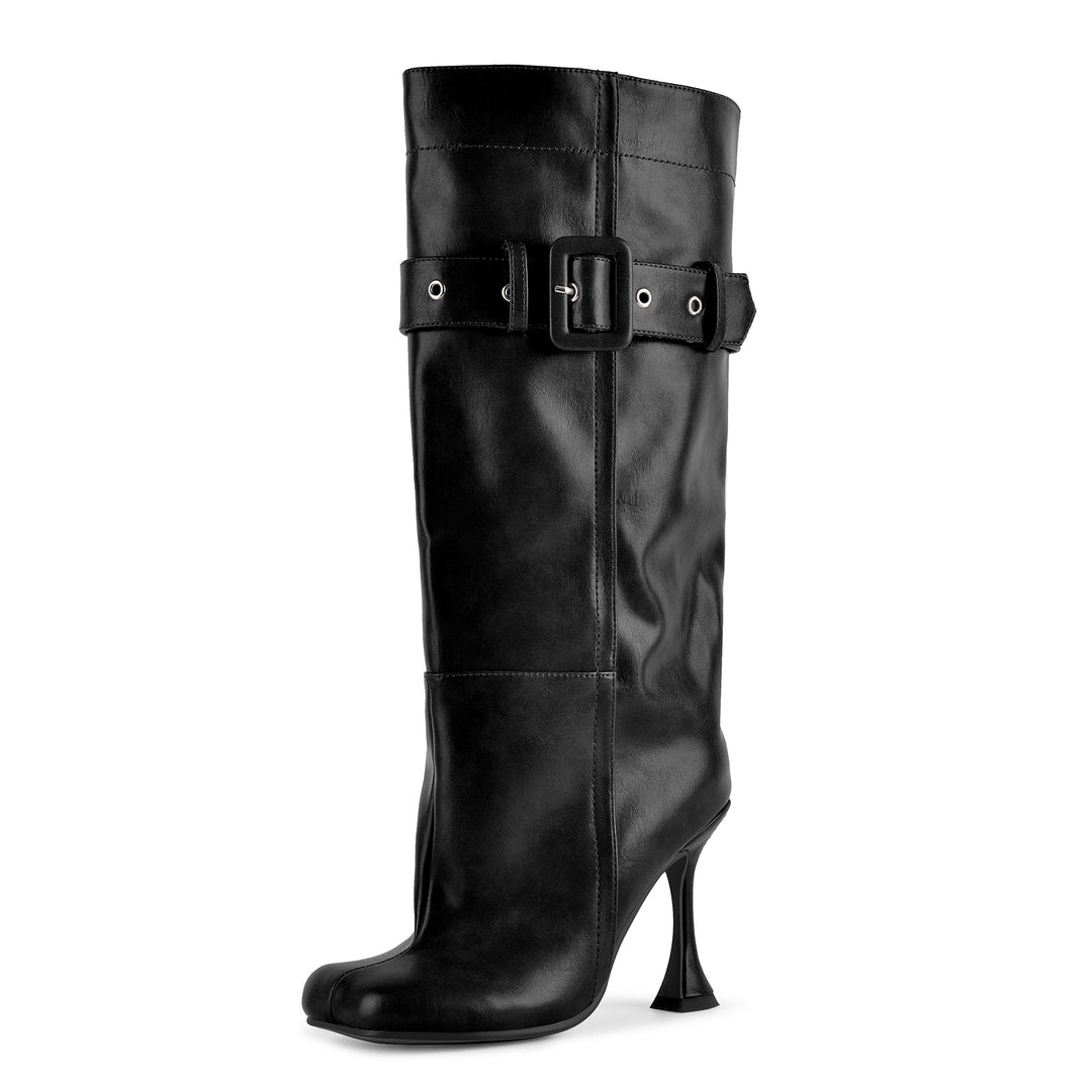 Square Toe Buckle Strap Knee High Boots – Onlymaker