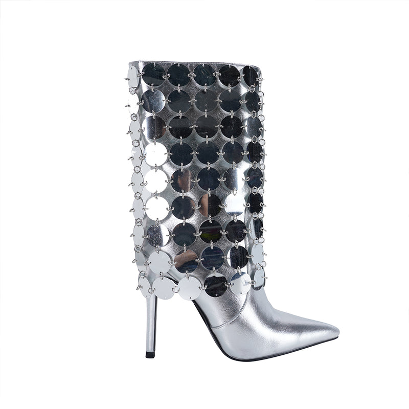 Pointed Toe Sequins Stiletto Fold Over Boots