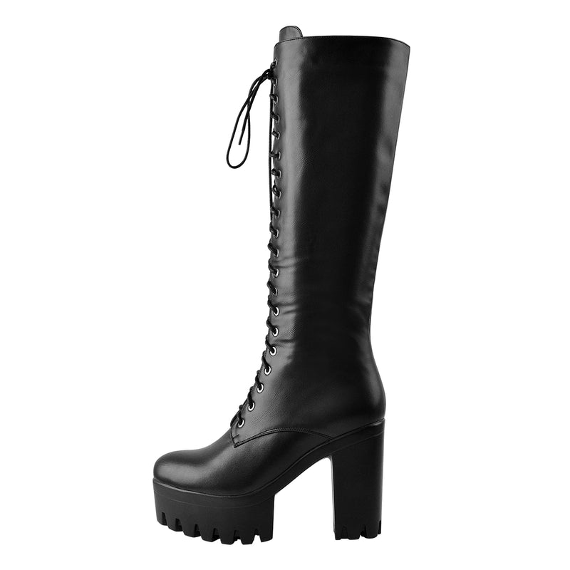 Round Toe Chunky Heel Lace up Platform Knee Boots