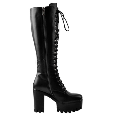 Round Toe Chunky Heel Lace up Platform Knee Boots