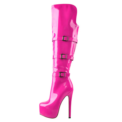 Round Toe Platform Knee High Heel Rose Red Boots