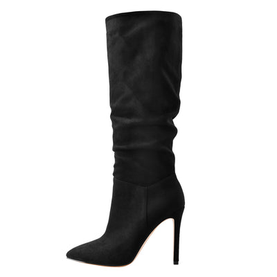 Black Pointed Toe Stiletto Suede Knee Boots