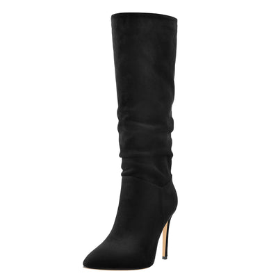 Black Pointed Toe Stiletto Suede Knee Boots