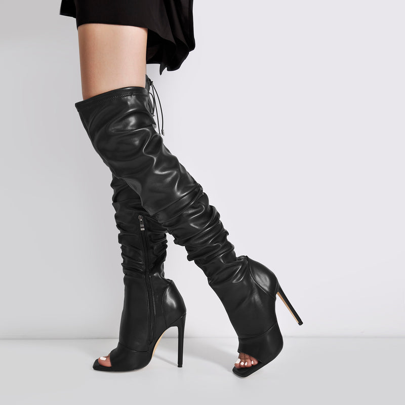 Stiletto Boots Black Peep Toe Over The Knee Boots Black Open