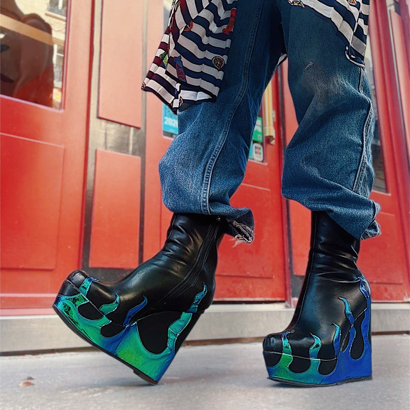 Flame Print Platform Round Toe Wedge Heel Boots