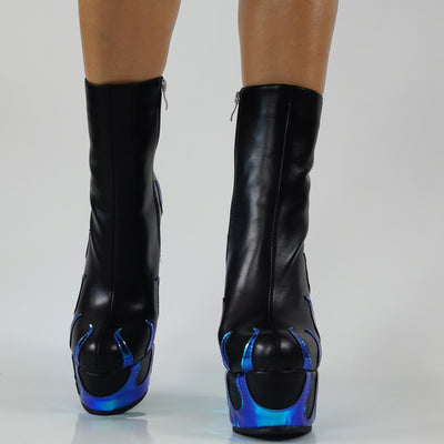 Flame Print Platform Round Toe Wedge Heel Boots