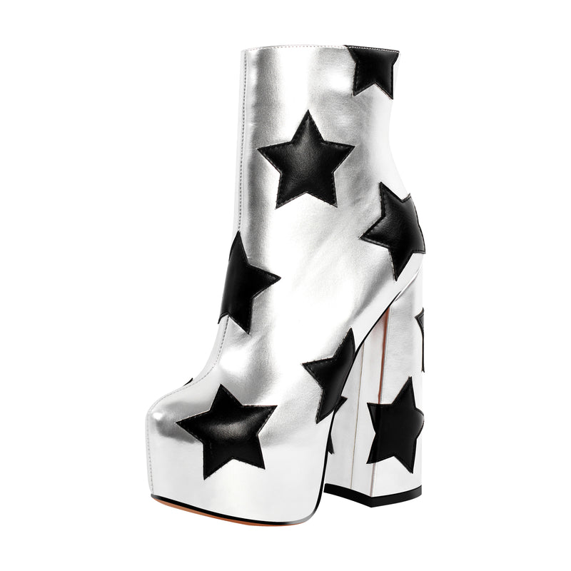 Platform Round Toe Chunky Heel Star Silver Boots