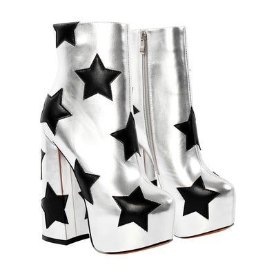 Platform Round Toe Chunky Heel Star Silver Boots