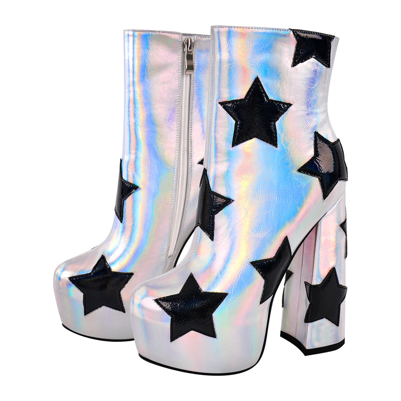 Platform Round Toe Chunky Heel Star Silver Boots