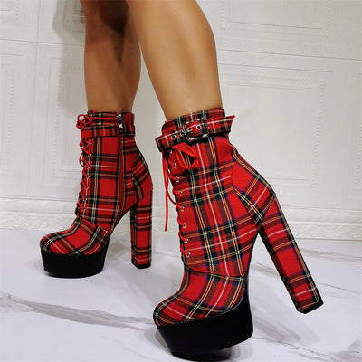 Chunky Heel Plaid Ankle Boots