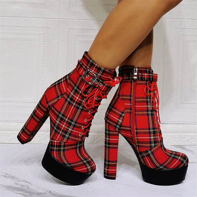 Chunky Heel Plaid Ankle Boots