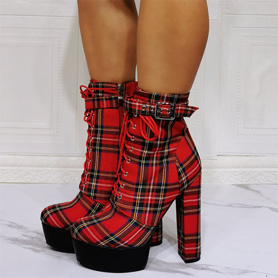 Chunky Heel Plaid Ankle Boots