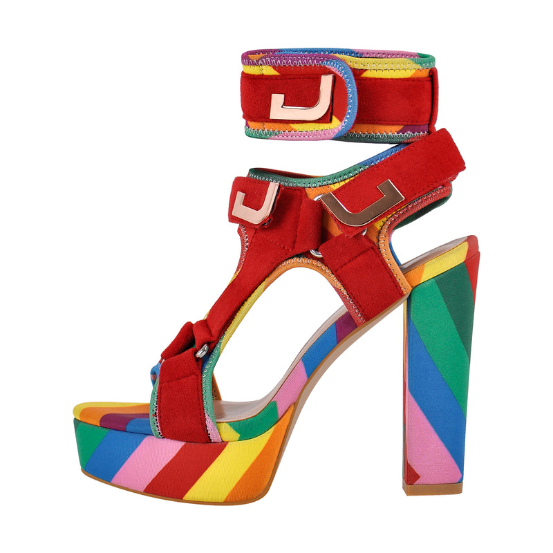 Canvas Rainbow Ankle Strap Chunky Heel Sandals Onlymaker