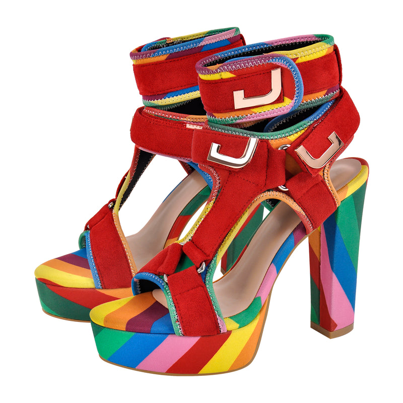 Canvas Rainbow Ankle Strap Chunky Heel Sandals