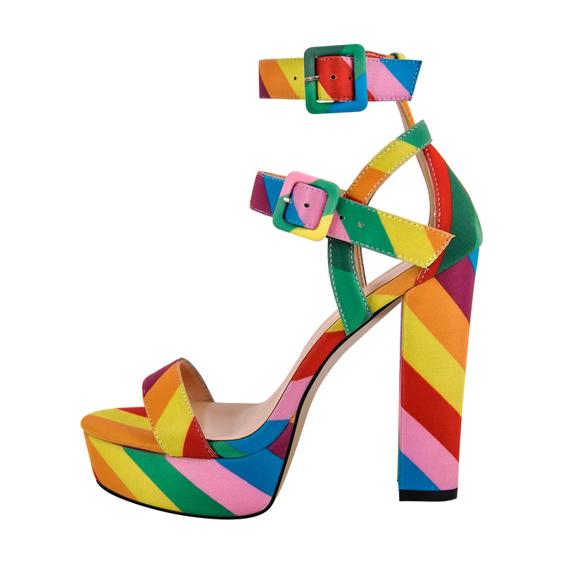 Rainbow Buckle Strap Chunky Heel Sandals
