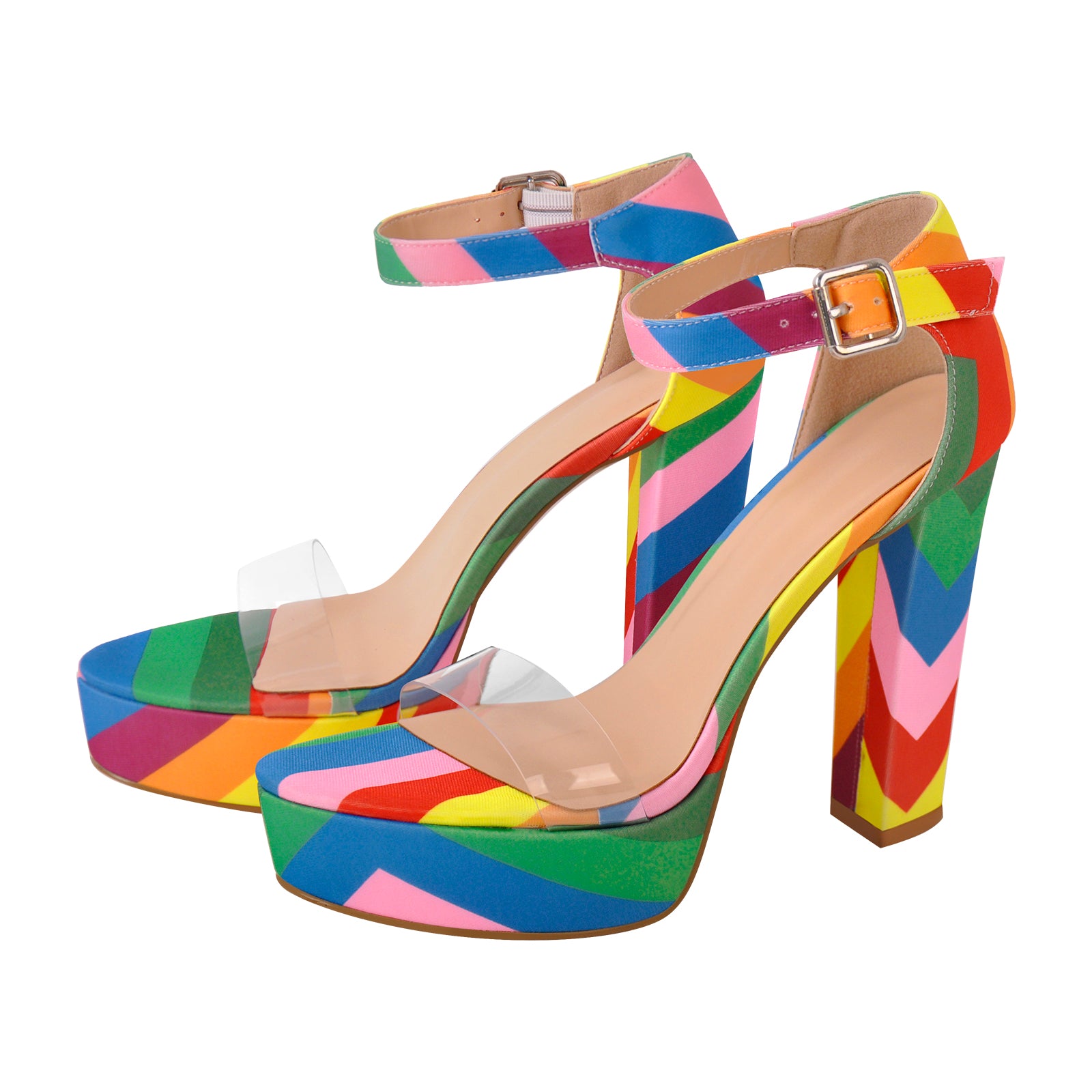 Rainbow Platform Chunky Heel Clear Ankle Strap Sandals Onlymaker
