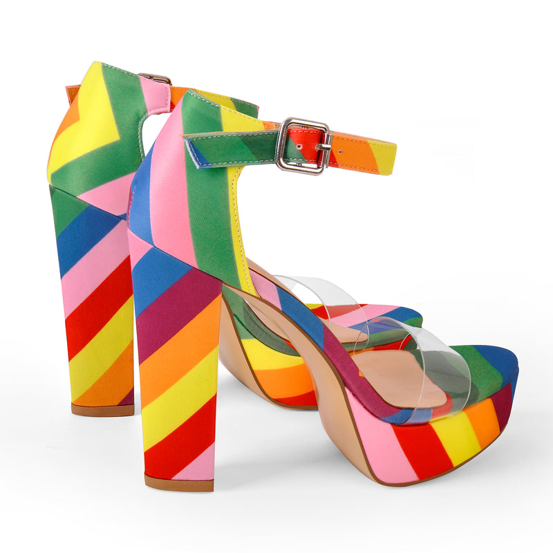 Rainbow Platform Chunky Heel Clear Ankle Strap Sandals Onlymaker