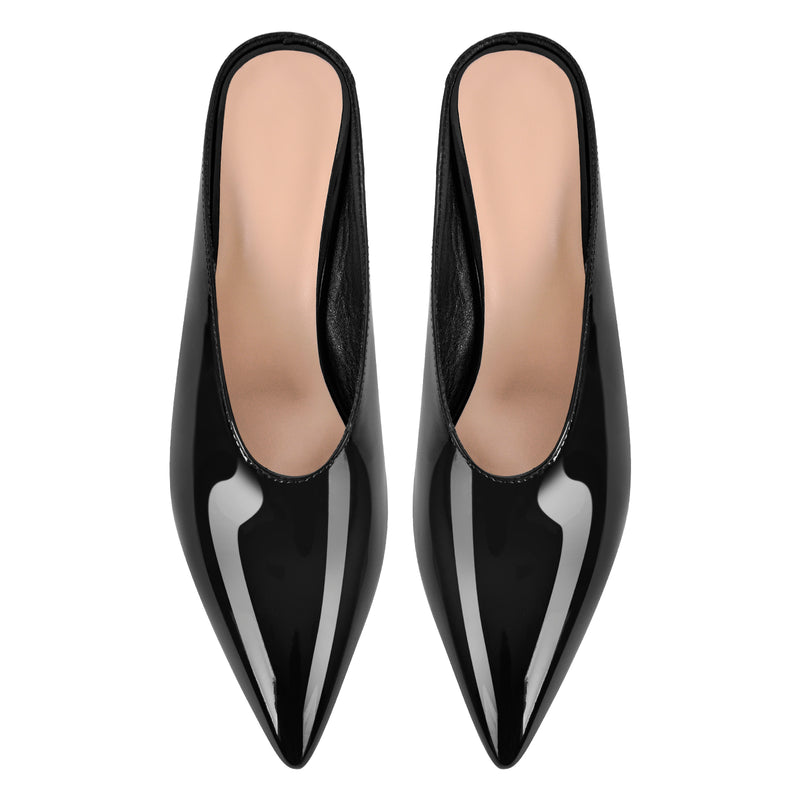 Pointed Toe Patent Leather Wedge Heel Mule Pumps