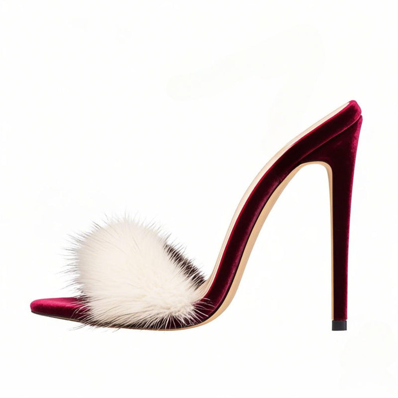 White Fur Velvet High Heel Mules