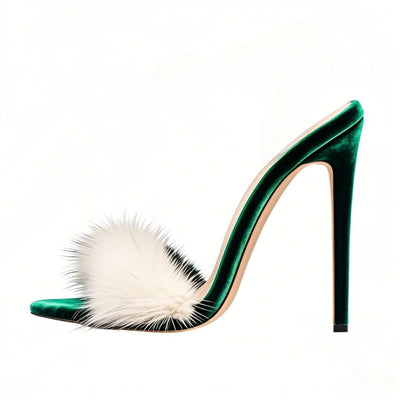 White Fur Velvet High Heel Mules