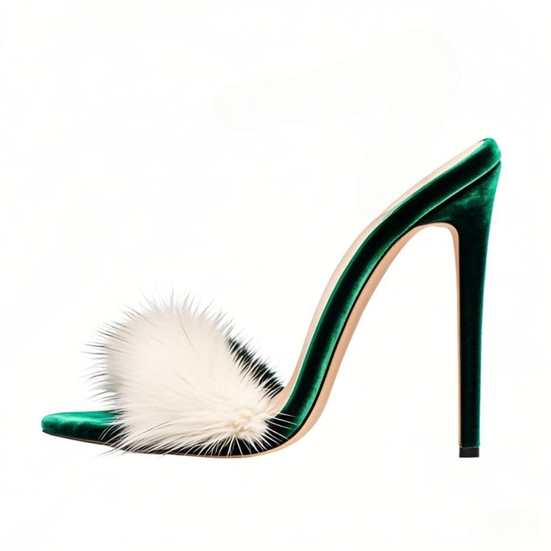 White Fur Velvet High Heel Mules
