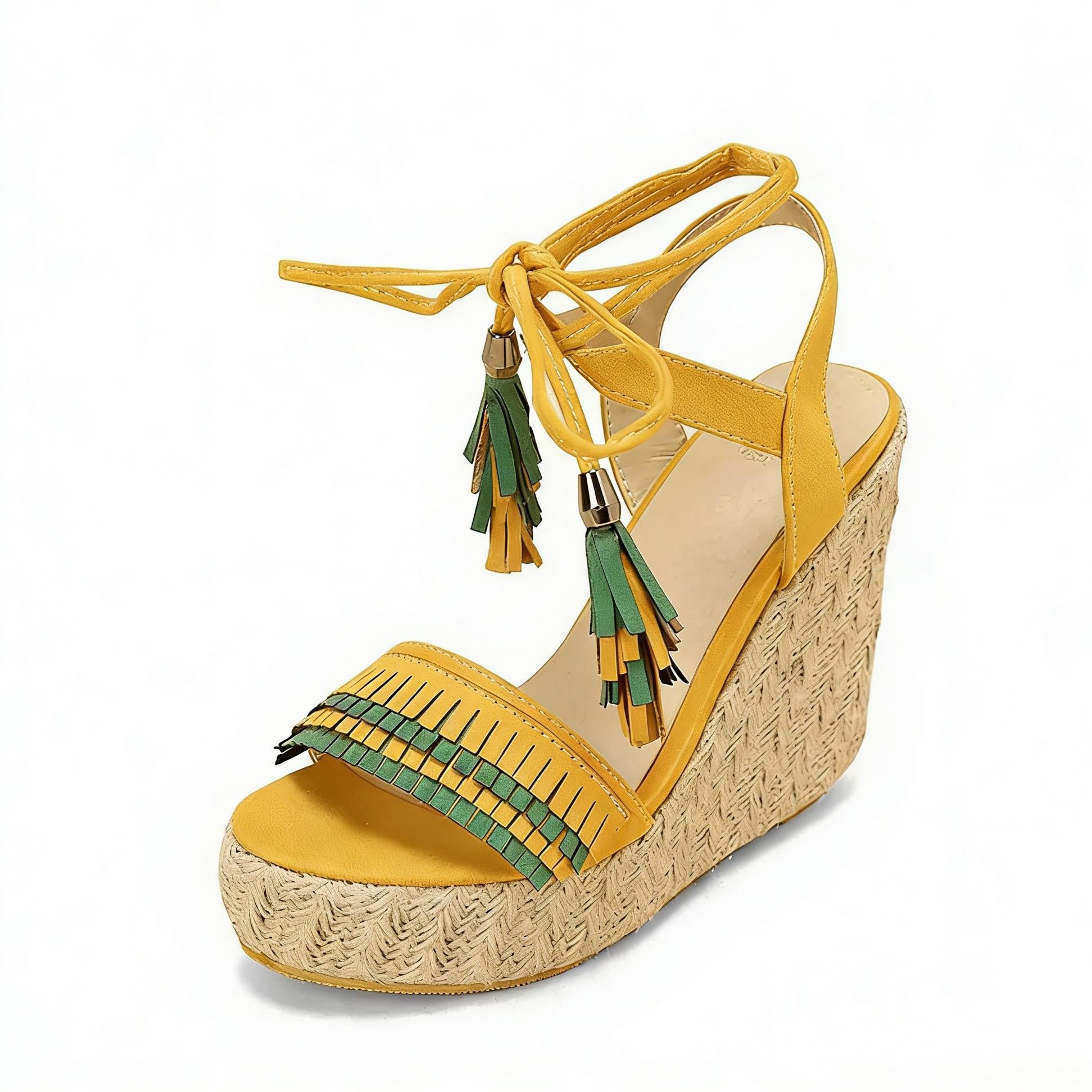 Straw Platform Fringe Lace-up Wedge Heel Sandals – Onlymaker