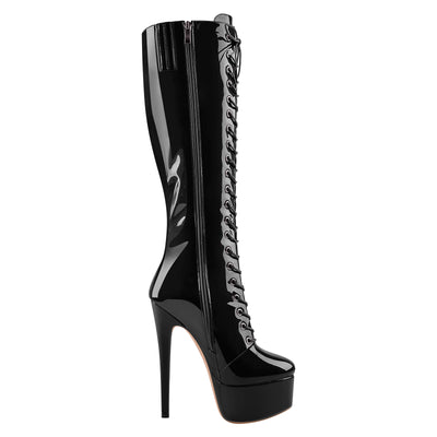 Patent Leather Platform Lace Up Over The Knee Boots