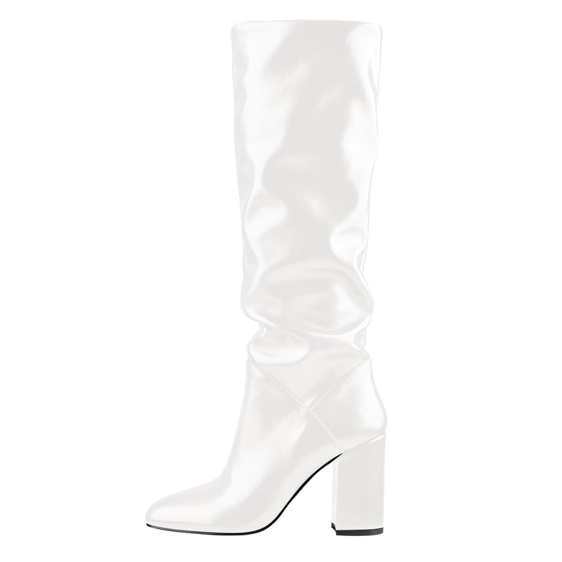 Round Toe Crinkle Knee High Chunky Heels Boots