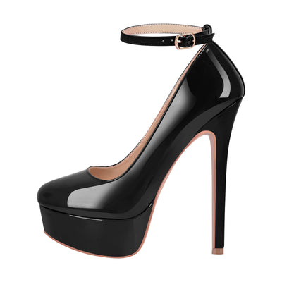 Round Toe Ankle Strap Platform Stiletto Pumps