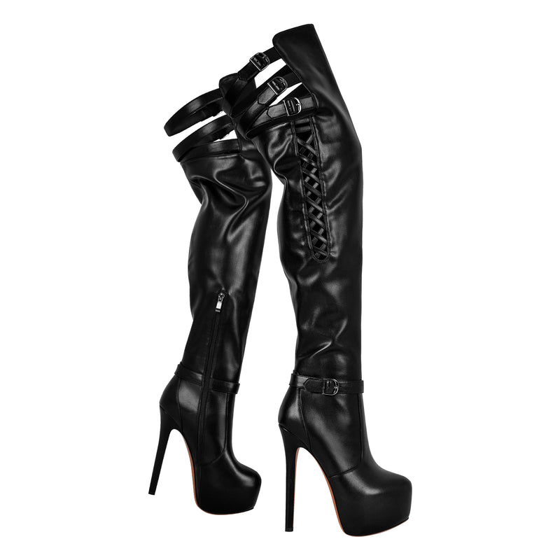 Round Toe Stiletto Platform Over The Knee Buckle Boots
