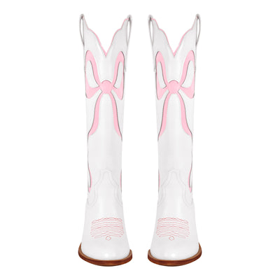 White Pointed Toe Pink Bow Knee High Western Boots