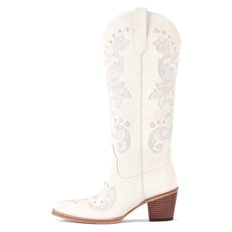 Embroidery Pearl Knee High Western Boots