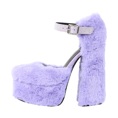 Chunky Heel Ankle Strap Fur Mary Jane Pumps