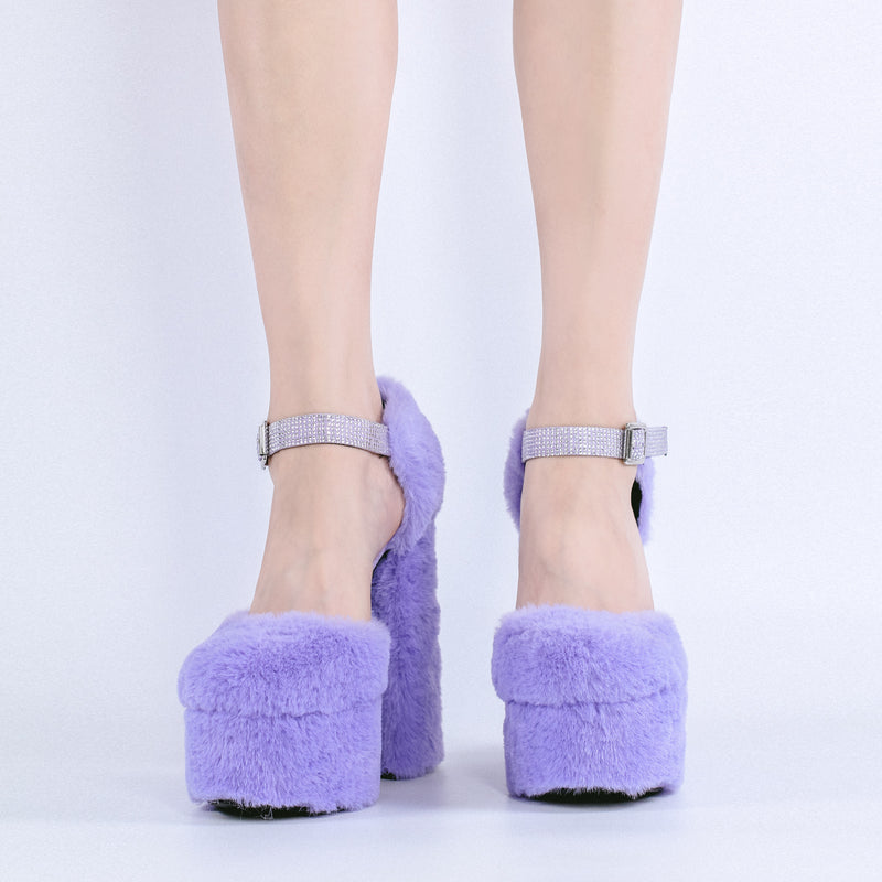 Chunky Heel Ankle Strap Fur Mary Jane Pumps