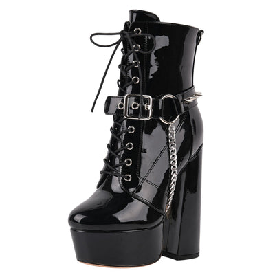 Platform Rivet Buckle Metal Chain Lace-up Ankle Boots